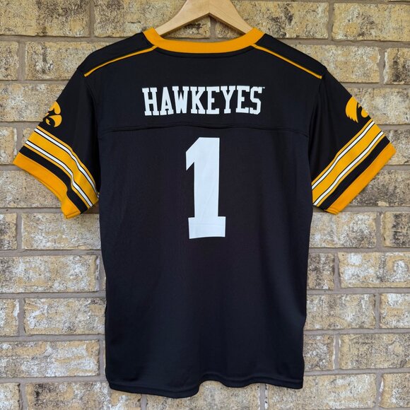 size L 12/14 Iowa Hawkeyes Rivalry Threads Black Yellow Jersey #1 polyester Foot - Picture 2 of 5